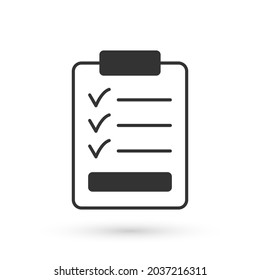 Grey Clipboard with checklist icon isolated on white background. Control list symbol. Survey poll or questionnaire feedback form.  Vector