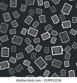Grey Clipboard with document icon isolated seamless pattern on black background.  Vector Illustration