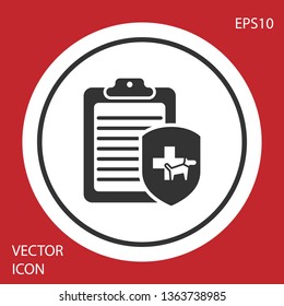 Grey Clipboard with medical clinical record pet icon isolated on red background. Health insurance form. Medical check marks report. White circle button. Vector Illustration