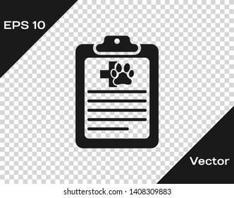 Grey Clipboard with medical clinical record pet icon isolated on transparent background. Health insurance form. Medical check marks report. Vector Illustration