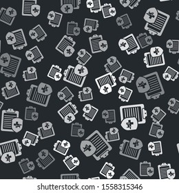 Grey Clipboard with medical clinical record pet icon isolated seamless pattern on black background. Health insurance form. Medical check marks report.  Vector Illustration