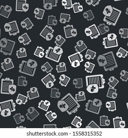 Grey Clipboard with medical clinical record pet icon isolated seamless pattern on black background. Health insurance form. Medical check marks report.  Vector Illustration