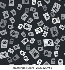 Grey Clipboard with medical clinical record pet icon isolated seamless pattern on black background. Health insurance form. Medical check marks report.  Vector