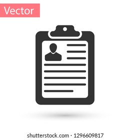 Grey Clipboard with resume and man silhouette icon isolated on white background. CV application. Curriculum vitae, job application form with profile photo concept. Vector Illustration