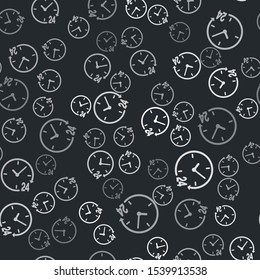 Grey Clock 24 hours icon isolated seamless pattern on black background. All day cyclic icon. 24 hours service symbol.  Vector Illustration