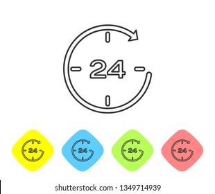 Grey Clock 24 hours line icon isolated on white background. All day cyclic icon. 24 hours service symbol. Set icon in color rhombus buttons. Vector Illustration