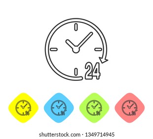 Grey Clock 24 hours line icon isolated on white background. All day cyclic icon. 24 hours service symbol. Set icon in color rhombus buttons. Vector Illustration