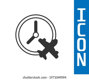 Grey Clock with airplane icon isolated on white background. Designation of time before departure, check-in for flight and arrival time symbol.  Vector