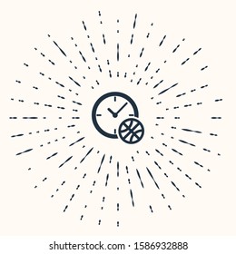 Grey Clock with basketball ball inside icon isolated on beige background. Basketball time. Sport and training. Abstract circle random dots. Vector Illustration