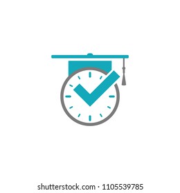 grey clock with blue tick and graduation cap or mortar board. flat icon isolated on blue. Education time. online course. Design thinking. Vector illustration. Knowledge