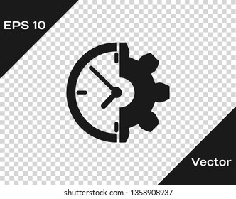 Grey Clock and gear icon isolated on transparent background. Time Management symbol. Business concept. Vector Illustration
