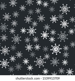 Grey Clock and gear icon isolated seamless pattern on black background. Time Management symbol. Business concept. Hub and spokes and clock solid icon.  Vector Illustration