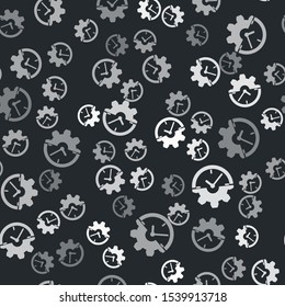 Grey Clock and gear icon isolated seamless pattern on black background. Time Management symbol. Business concept.  Vector Illustration