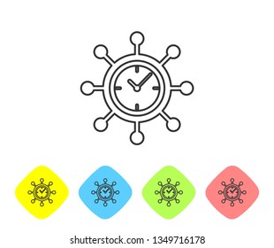 Grey Clock and gear line icon isolated on white background. Time Management symbol. Business concept. Hub and spokes and clock solid icon. Set icon in color rhombus buttons. Vector Illustration
