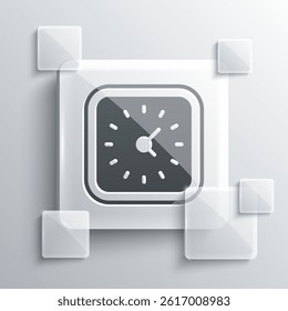 Grey Clock icon isolated on grey background. Time symbol. Square glass panels. Vector