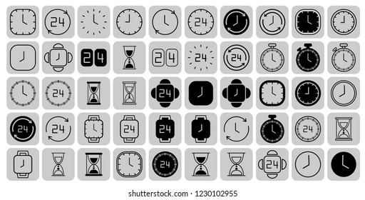 Grey clock line icons isolated on white. Black and white simple watches pack. Time concept. Vector illustration