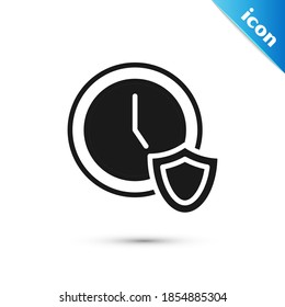 Grey Clock with shield icon isolated on white background. Security, safety, protection, privacy concept.  Vector