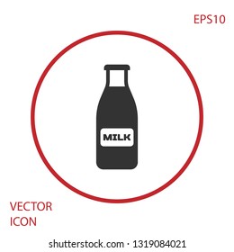 Grey Closed glass bottle with milk and cap icon isolated on white background. Red circle button. Vector Illustration