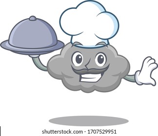 Grey cloud chef cartoon character serving food on tray