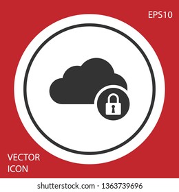 Grey Cloud computing lock icon isolated on red background. Security, safety, protection concept. White circle button. Vector Illustration