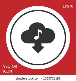 Grey Cloud download music icon isolated on red background. Music streaming service, sound cloud computing, online media streaming, audio wave. White circle button. Vector Illustration