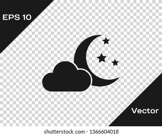Grey Cloud with moon and stars icon isolated on transparent background. Cloudy night sign. Sleep dreams symbol. Night or bed time sign. Vector Illustration