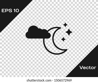 Grey Cloud with moon and stars icon isolated on transparent background. Cloudy night sign. Sleep dreams symbol. Night or bed time sign.  Vector Illustration