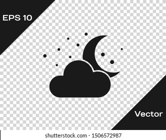 Grey Cloud with moon and stars icon isolated on transparent background. Cloudy night sign. Sleep dreams symbol. Night or bed time sign.  Vector Illustration