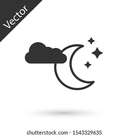 Grey Cloud with moon and stars icon isolated on white background. Cloudy night sign. Sleep dreams symbol. Night or bed time sign.  Vector Illustration