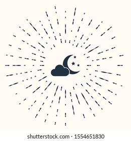 Grey Cloud with moon and stars icon isolated on beige background. Cloudy night sign. Sleep dreams symbol. Night or bed time sign. Abstract circle random dots. Vector Illustration