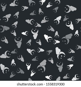 Grey Cloud with moon and stars icon isolated seamless pattern on black background. Cloudy night sign. Sleep dreams symbol. Night or bed time sign.  Vector Illustration