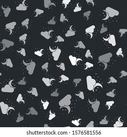 Grey Cloud with moon and stars icon isolated seamless pattern on black background. Cloudy night sign. Sleep dreams symbol. Night or bed time sign.  Vector Illustration