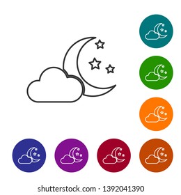 Grey Cloud with moon and stars line icon isolated on white background. Cloudy night sign. Sleep dreams symbol. Night or bed time sign. Set icon in color circle buttons. Vector Illustration