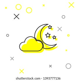 Grey Cloud with moon and stars line icon isolated on white background. Cloudy night sign. Sleep dreams symbol. Night or bed time sign. Vector Illustration