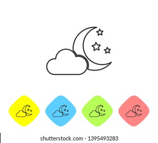 Grey Cloud with moon and stars line icon isolated on white background. Cloudy night sign. Sleep dreams symbol. Night or bed time sign. Set icon in color rhombus buttons. Vector Illustration