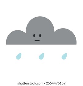 Grey cloud with a neutral facial expression and three blue raindrops below, representing rain or weather.