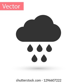 Grey Cloud with rain icon isolated on white background. Rain cloud precipitation with rain drops. Vector Illustration