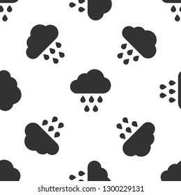Grey Cloud with rain icon isolated seamless pattern on white background. Rain cloud precipitation with rain drops. Vector Illustration