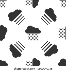 Grey Cloud with rain icon isolated seamless pattern on white background. Rain cloud precipitation with rain drops.  Vector Illustration
