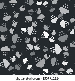 Grey Cloud with rain icon isolated seamless pattern on black background. Rain cloud precipitation with rain drops.  Vector Illustration