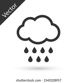 Grey Cloud with rain icon isolated on white background. Rain cloud precipitation with rain drops.  Vector Illustration