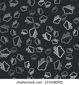 Grey Cloud with rain icon isolated seamless pattern on black background. Rain cloud precipitation with rain drops.  Vector Illustration