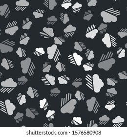 Grey Cloud with rain icon isolated seamless pattern on black background. Rain cloud precipitation with rain drops.  Vector Illustration
