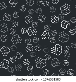 Grey Cloud with rain icon isolated seamless pattern on black background. Rain cloud precipitation with rain drops.  Vector Illustration