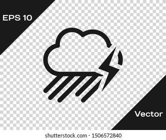 Grey Cloud with rain and lightning icon isolated on transparent background. Rain cloud precipitation with rain drops.Weather icon of storm.  Vector Illustration