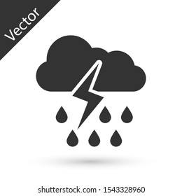 Grey Cloud with rain and lightning icon isolated on white background. Rain cloud precipitation with rain drops.Weather icon of storm.  Vector Illustration