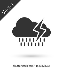 Grey Cloud with rain and lightning icon isolated on white background. Rain cloud precipitation with rain drops.Weather icon of storm.  Vector Illustration