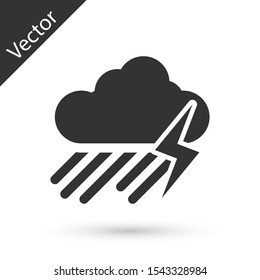 Grey Cloud with rain and lightning icon isolated on white background. Rain cloud precipitation with rain drops.Weather icon of storm.  Vector Illustration