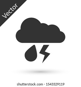 Grey Cloud with rain and lightning icon isolated on white background. Rain cloud precipitation with rain drops.Weather icon of storm.  Vector Illustration