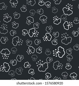 Grey Cloud with rain and lightning icon isolated seamless pattern on black background. Rain cloud precipitation with rain drops.Weather icon of storm.  Vector Illustration